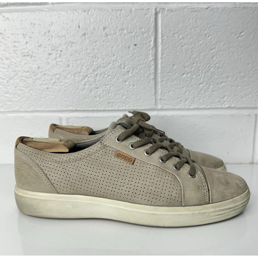 ECCO Soft 7 Shoes Men's 45 EU 11 US Gray Taupe Sneaker Leather Low Lace Up